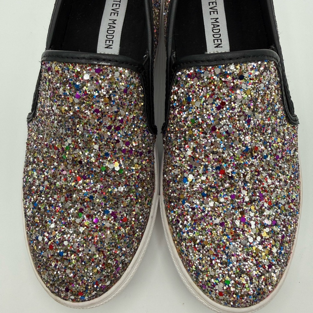 Steve Madden Ecentrog Leather Trim Multicolor Sparkly-Glitter Slip On Sneakers - Picture 13 of 16